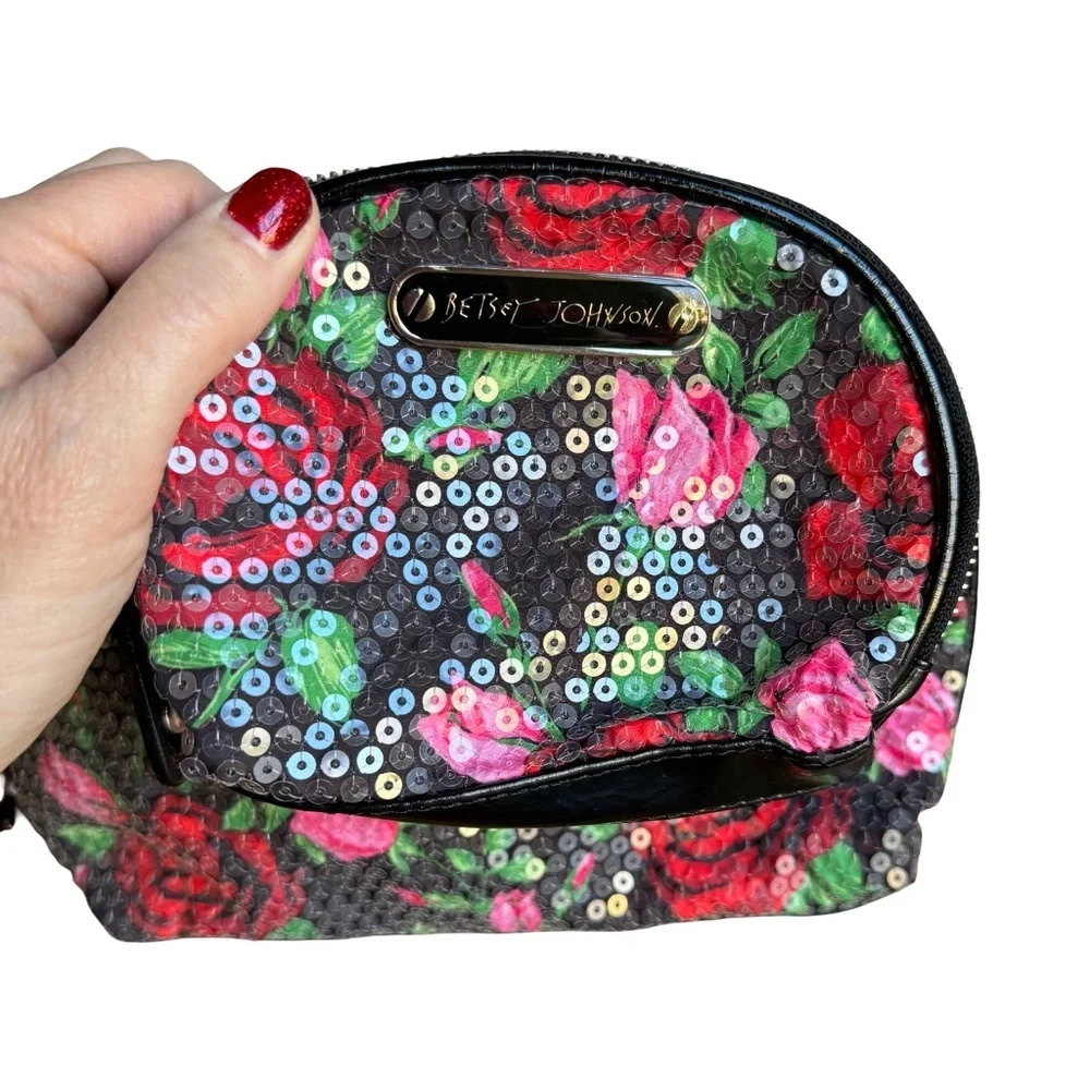 Betsey Johnson Sequin Rose Black Floral Cosmetic Bag - Set of 2